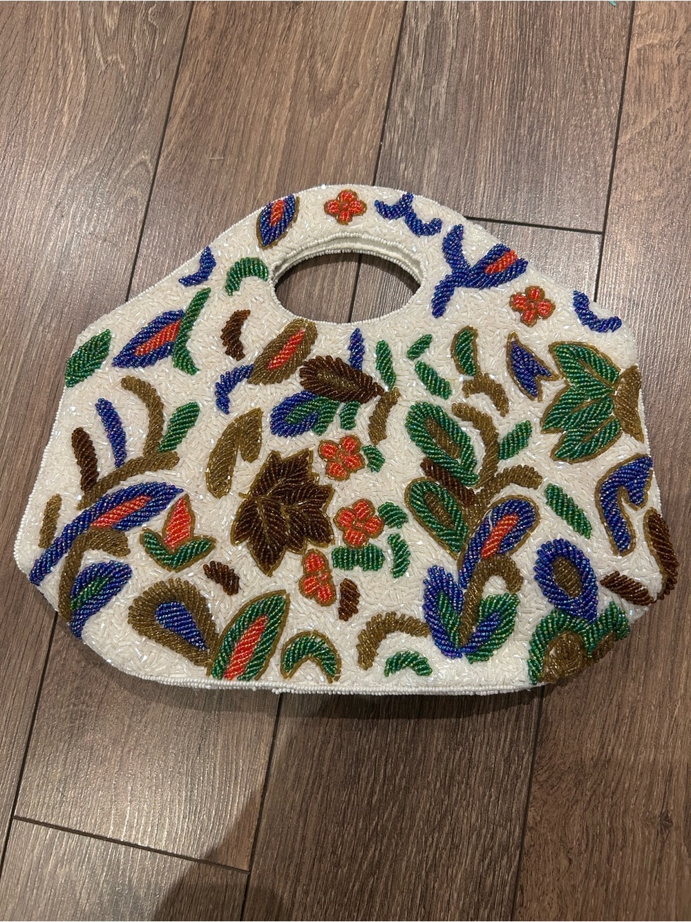 Beaded Floral Handbag - White with Multicolor Embroidery